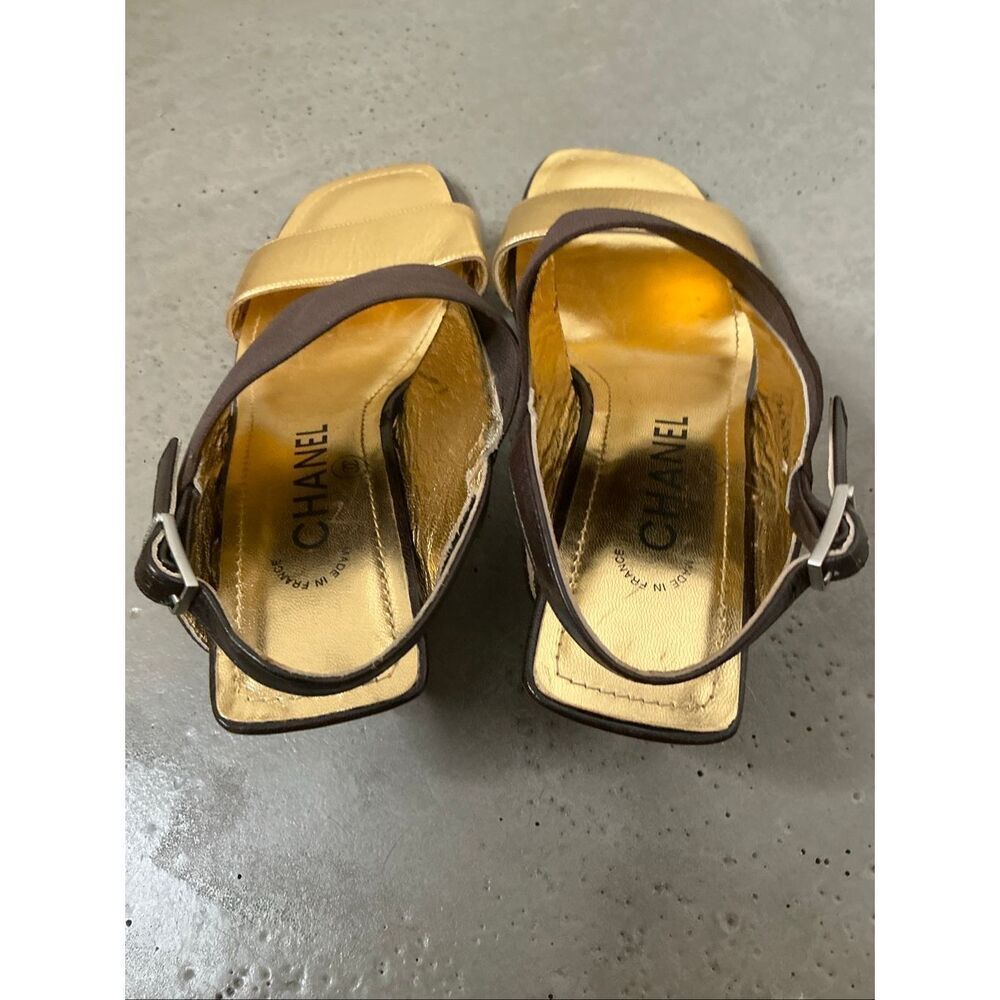 Chanel Open Toe Sandal Heels in Gold and Brown Size 35.5/36 - Picture 2 of 9